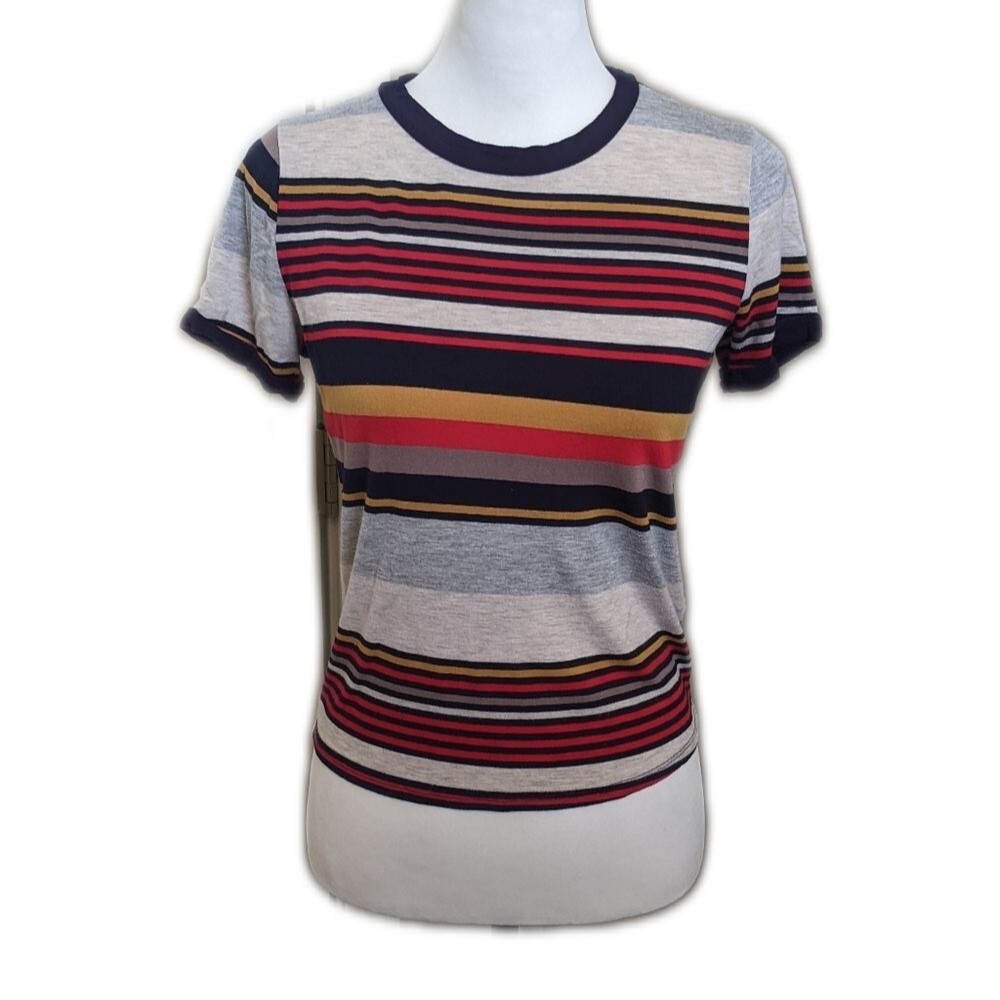 Gaze striped cropped tee T-shirt, navy blue red gray gold taupe, size S